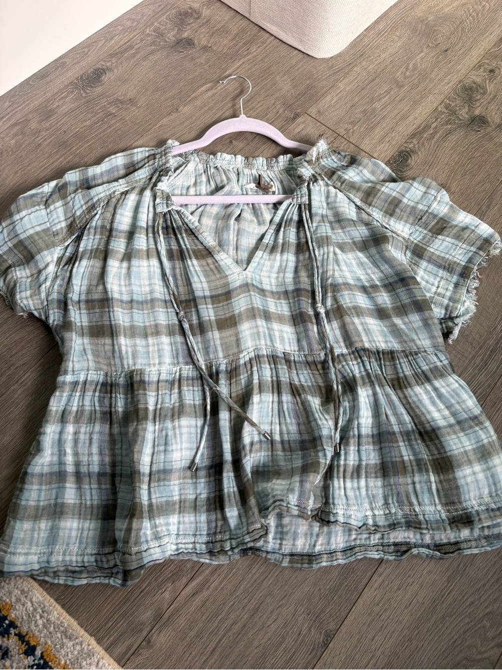 Pilcro and the Letterpress Blue and Olive Plaid Peasant Blouse